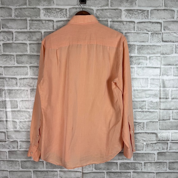 Peter Millar Collection Light Peach Orange Linen Blue Button Up Shirt Men MEDIUM - Picture 3 of 7